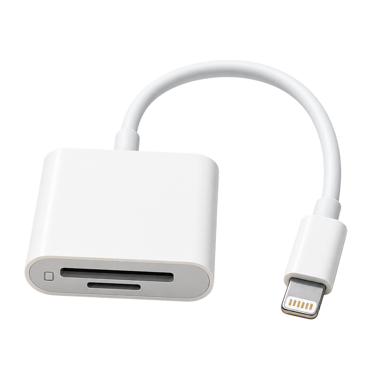 White Lightning SD and microSD card reader with attached cable, isolated on a transparent background