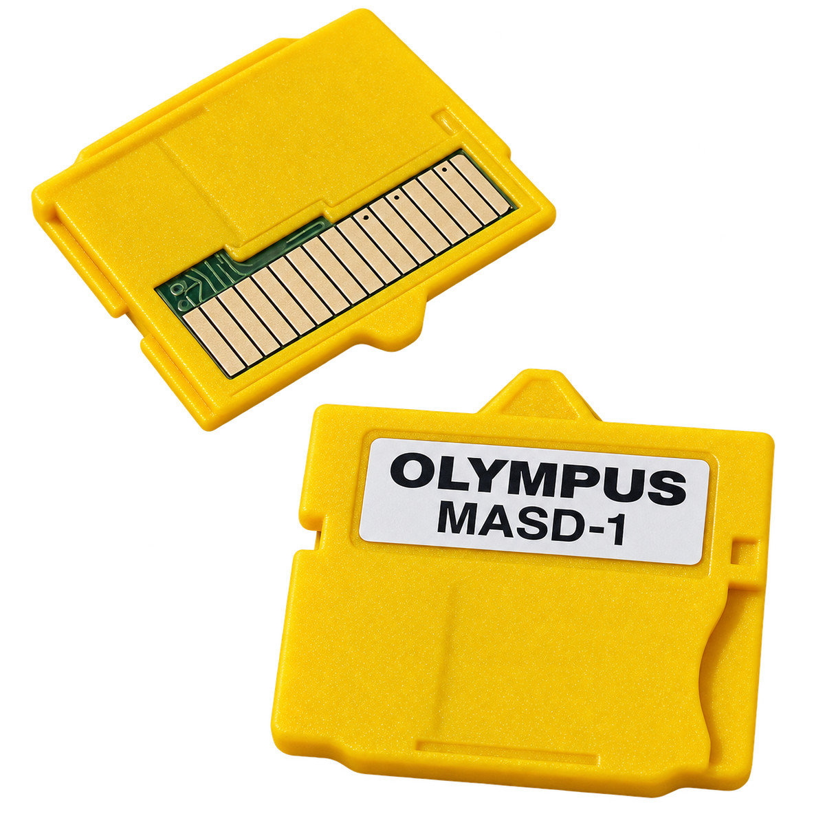 Front and back views of a yellow MASD-1-style microSD attachment for supported Olympus cameras; one adapter included