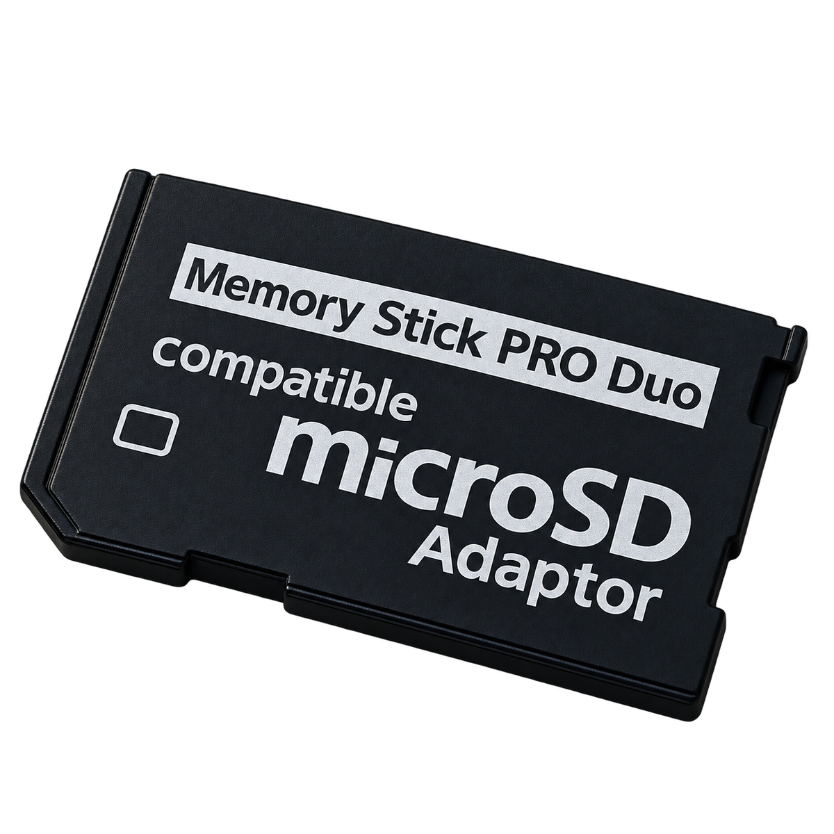 Black microSD to Memory Stick PRO Duo adapter, isolated on a transparent background; microSD card not included