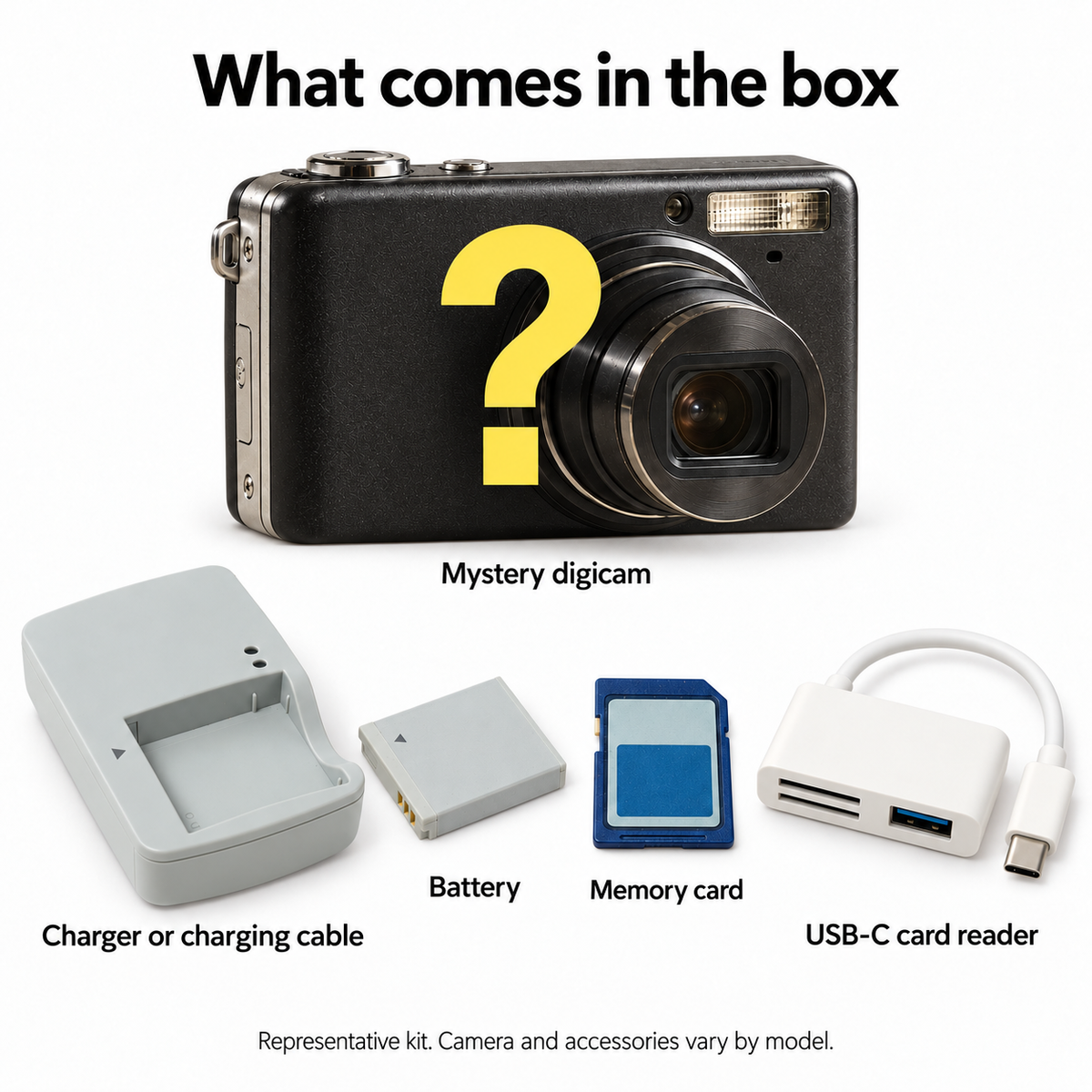 Mystery Digicam matching the cover, with a yellow question mark, plus clean representative battery, charger or charging cable, memory card and USB-C reader on white. Camera and accessories vary by model.