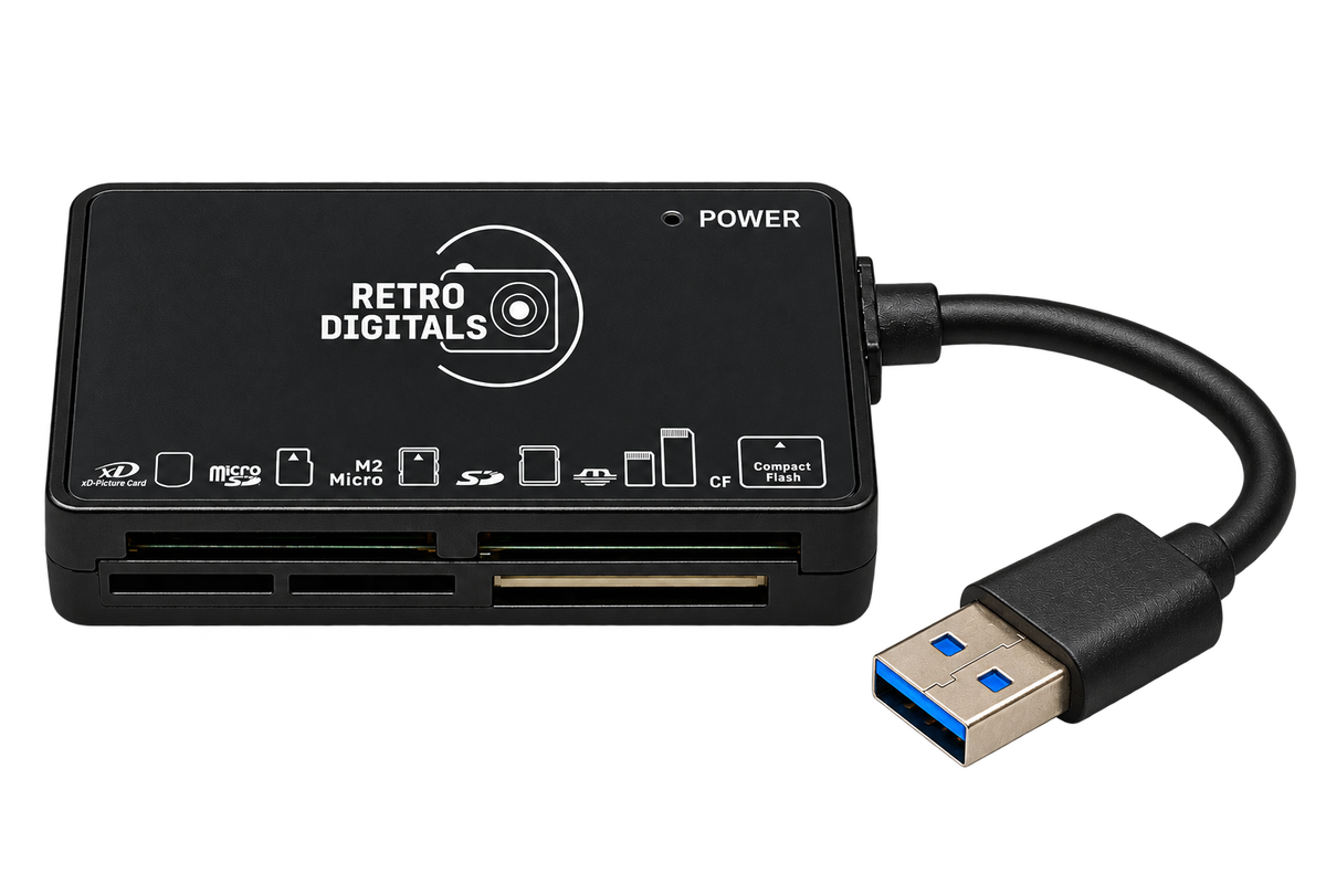 Black 6-in-1 memory card reader with attached USB-A cable and connector, isolated on a transparent background.