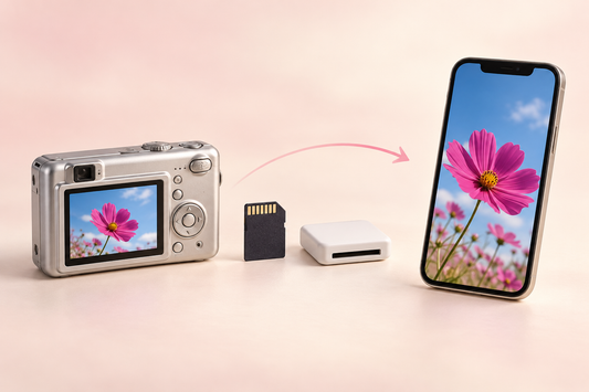 Illustration of a compact digital camera, memory card and reader beside a phone displaying a pink flower photo.