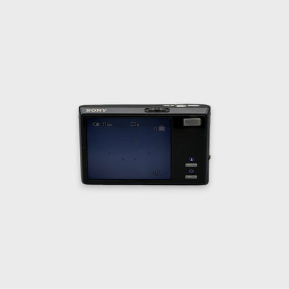 Rear view of a black Sony Cyber-shot DSC-T50 showing its large LCD screen and side control buttons
