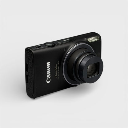 Angled front view of a black Canon PowerShot ELPH 350 HS showing the extended lens and top controls