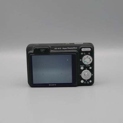 Rear view of a black Sony Cyber-shot DSC-W170 showing its LCD screen, viewfinder, mode dial and control pad