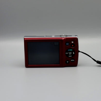 Rear view of a red Canon PowerShot ELPH 140 IS showing its LCD screen and control buttons