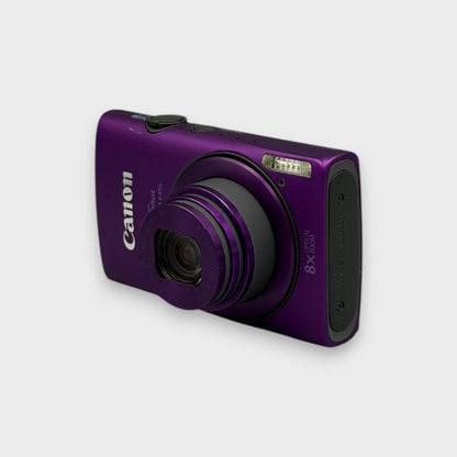 Front and side view of a purple Canon PowerShot ELPH 310 HS with its lens extended