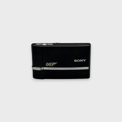 Front view of a black Sony Cyber-shot DSC-T50 with a gold 007 logo and closed sliding lens cover