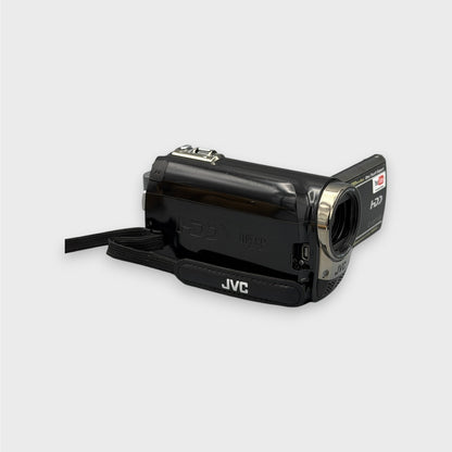 Side view of the black JVC Everio GZ-MG680 camcorder showing the lens and JVC hand strap