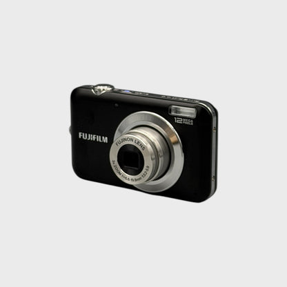 Black Fujifilm FinePix JV100 viewed from the opposite front corner with its lens extended