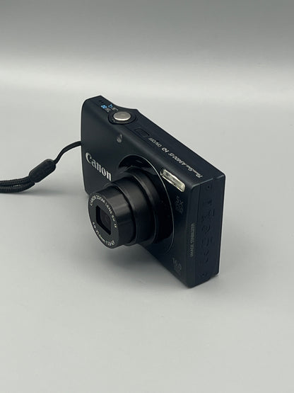 Front and side view of a black Canon PowerShot A3400 IS with its lens extended