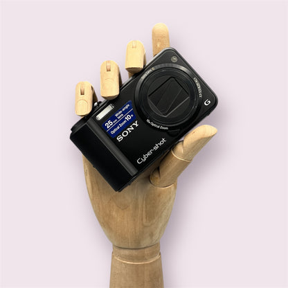 Black Sony Cyber-shot DSC-H70 digital camera resting in a wooden hand with the lens closed