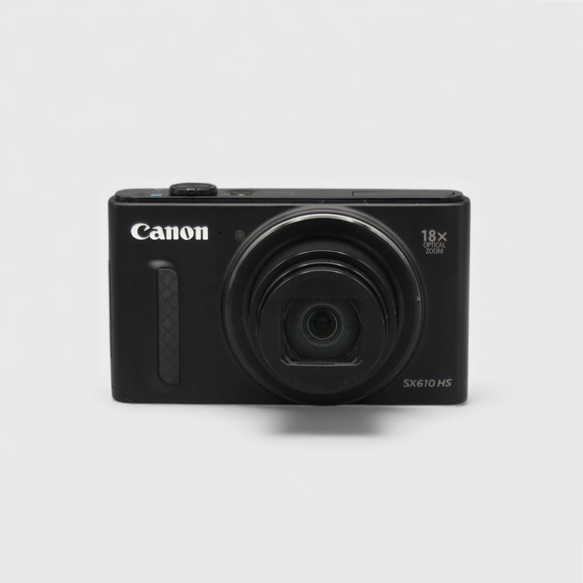 Front view of a black Canon PowerShot SX610 HS with its lens extended