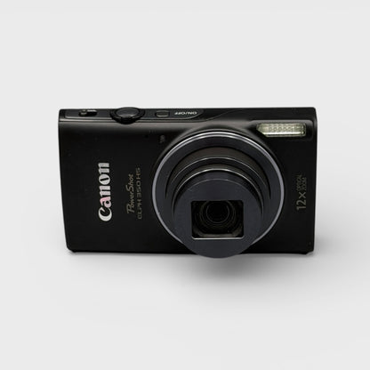 Front view of a black Canon PowerShot ELPH 350 HS digital camera with its lens extended