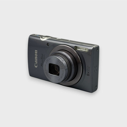 Gray Canon PowerShot ELPH 160 viewed from a front angle showing its extended lens and side panel.