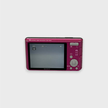 Pink Sony Cyber-shot DSC-W530 rear view showing the LCD screen and control buttons.