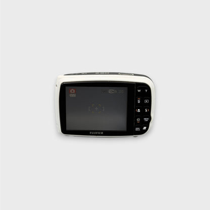 White Fujifilm FinePix Z30 rear view showing the LCD screen and control buttons.
