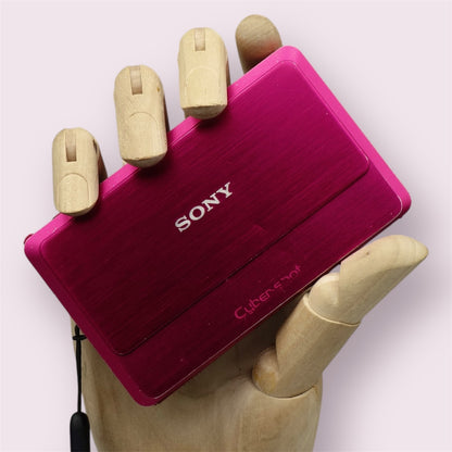 Pink Sony Cyber-shot DSC-TX9 digital camera resting in a wooden hand with its sliding lens cover closed
