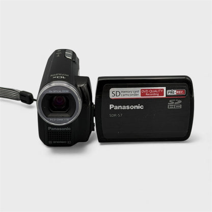 Front view of the black Panasonic SDR-S7P camcorder with its flip-out screen open