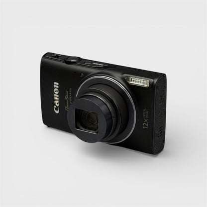 Front and side view of a black Canon PowerShot ELPH 350 HS with its lens extended