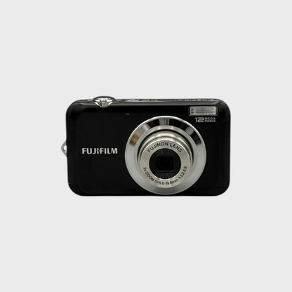 Front view of a black Fujifilm FinePix JV100 with its silver lens extended