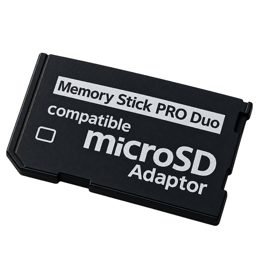 Black microSD to Memory Stick PRO Duo adapter, isolated on a transparent background; microSD card not included