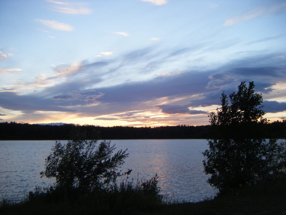 Twilight sky over a lake framed by dark trees