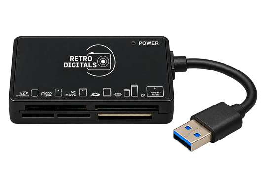 Black 6-in-1 memory card reader with attached USB-A cable and connector, isolated on a transparent background.