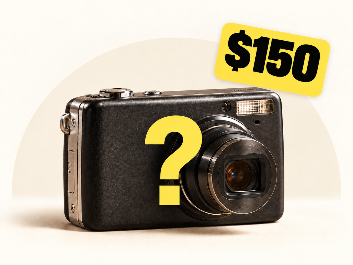 Retro Digitals Mystery Camera promotion: a representative black compact digital camera with a yellow question mark and a $150 price sticker. Camera model and accessories vary.
