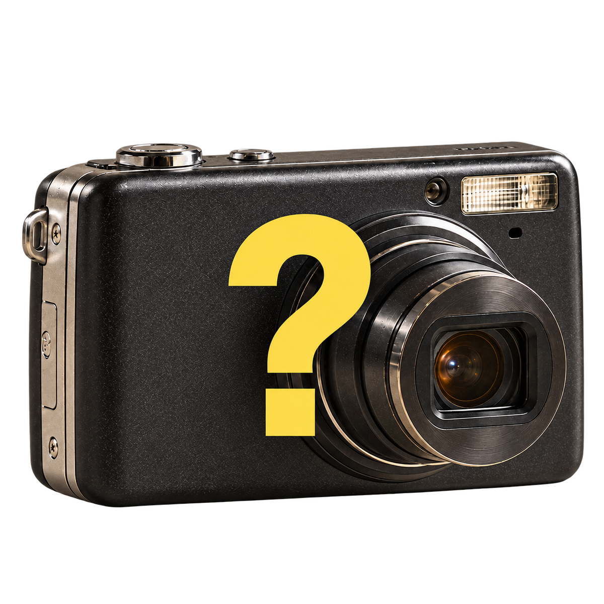 Anonymous dark compact digital camera with a yellow question mark, representing the Retro Digitals mystery camera