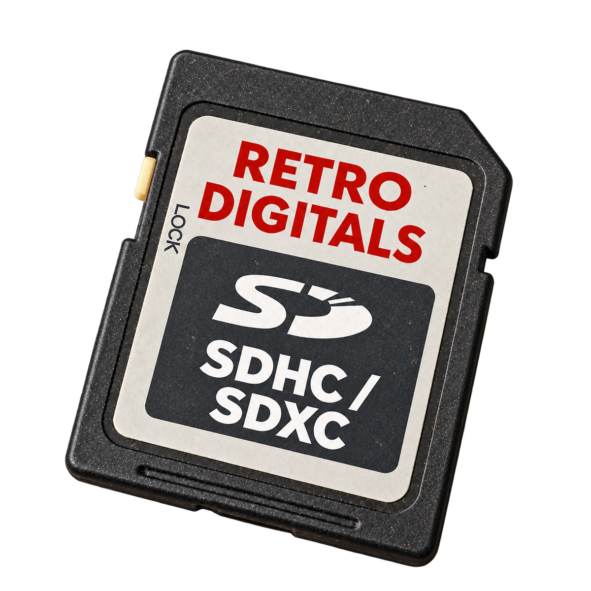 Representative graphite Retro Digitals memory card illustration labelled SDHC / SDXC; the card format and capacity depend on the selected option.
