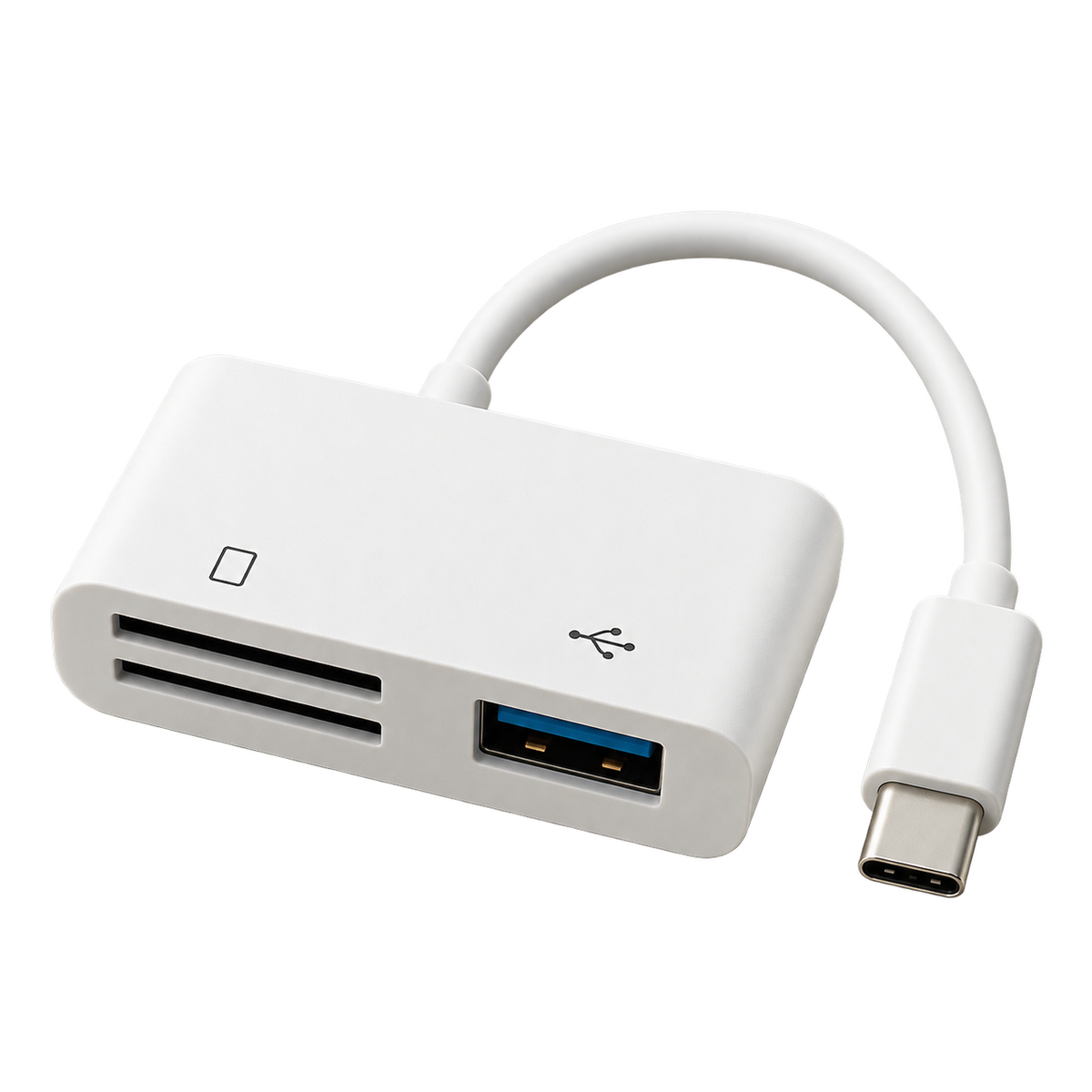 White USB-C card reader with SD and microSD slots and a USB-A port, isolated on a transparent background