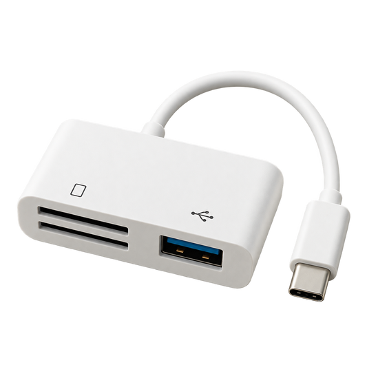White USB-C card reader with SD and microSD slots and a USB-A port, isolated on a transparent background